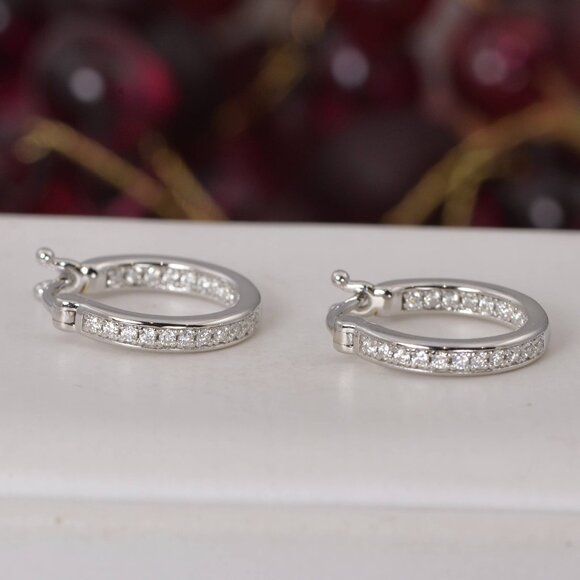 Certified All Moissanite Inside Out Huggies Hoop Earrings 925 Sterling NWT - Picture 2 of 5